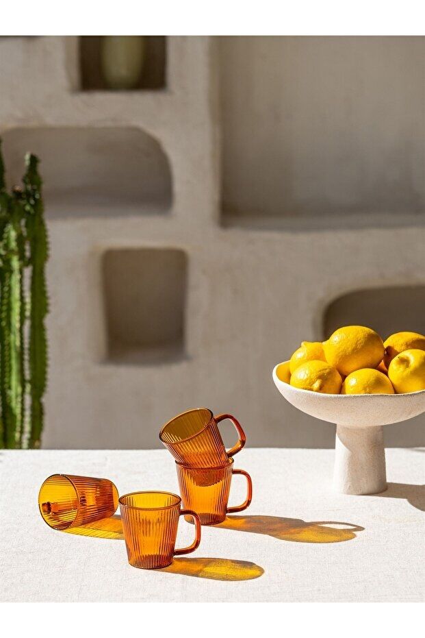 The Mia Striped Borosilikat Cam Kupa 9 x 6 x 7 cm 130 ml 4'lü Set