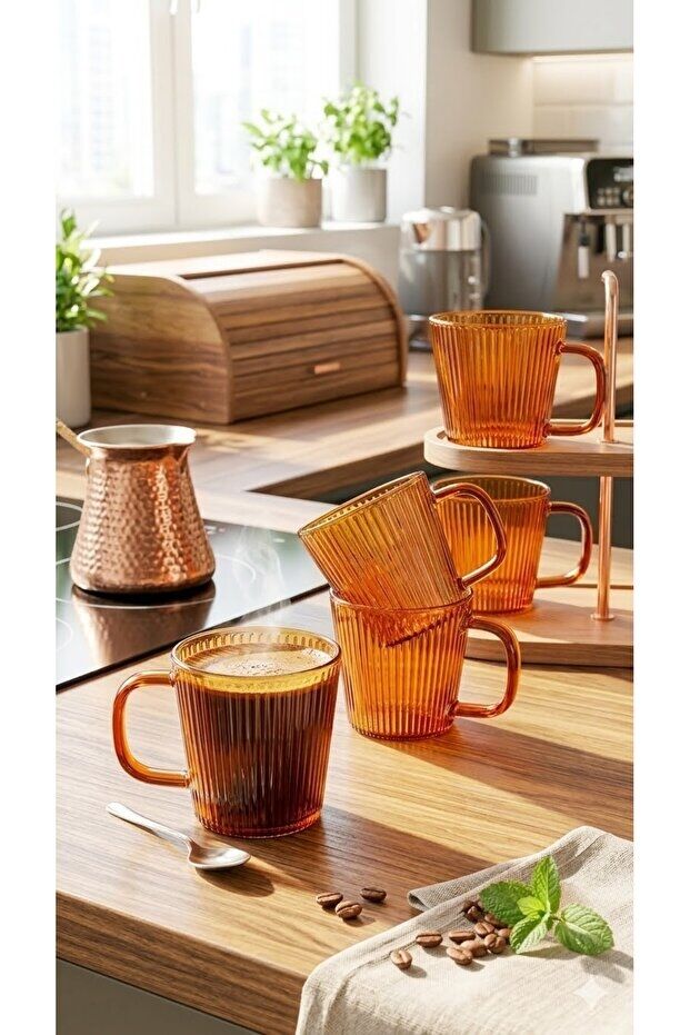 The Mia Striped Borosilikat Cam Kupa 9 x 6 x 7 cm 130 ml 4'lü Set