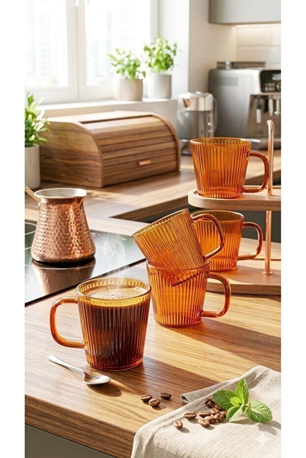 The Mia Striped Borosilikat Cam Kupa 9 x 6 x 7 cm 130 ml 4'lü Set