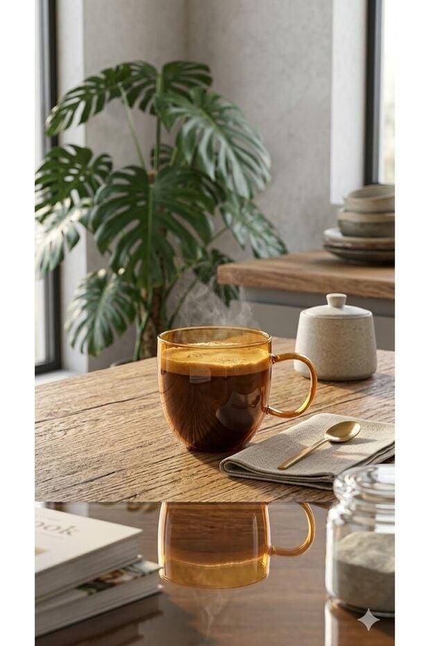 The Mia Borosilikat Cam Kupa 450 ml Isıya Dayanıklı Şeffaf Amber Cam Kupa Bardak 13x9x10 cm 4'lü Set