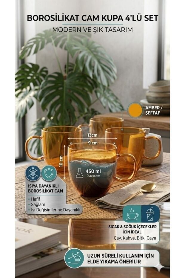 The Mia Borosilikat Cam Kupa 450 ml Isıya Dayanıklı Şeffaf Amber Cam Kupa Bardak 13x9x10 cm 4'lü Set