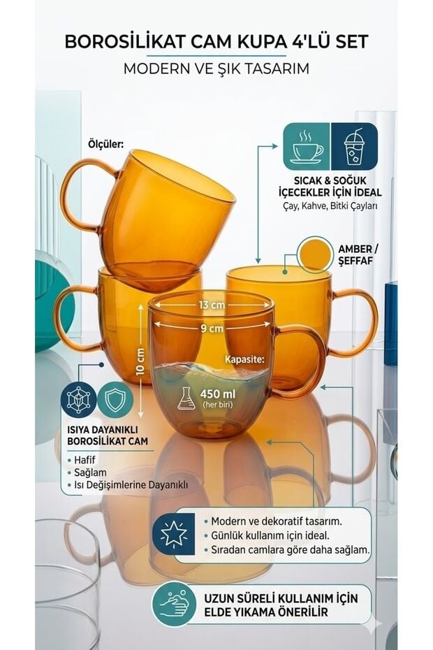 The Mia Borosilikat Cam Kupa 450 ml Isıya Dayanıklı Şeffaf Amber Cam Kupa Bardak 13x9x10 cm 4'lü Set