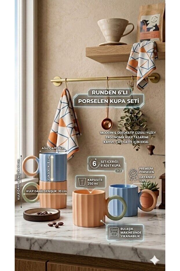 The Mia Runden 6’lı Porselen Kupa Seti 250 ml – Modern Tasarım Kahve Kupası