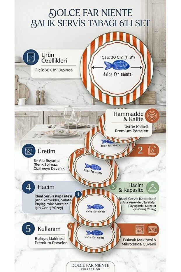 The Mia Fish Seramik Servis Tabağı 30 cm 6 lı Set