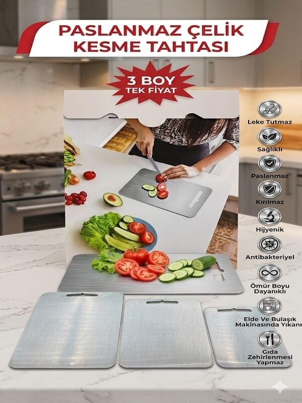 304 Kalite Paslanmaz Çelik Kesim Tahtası Seti 3’lü (33x22.5 / 28x19.5 / 24.5x15 cm)