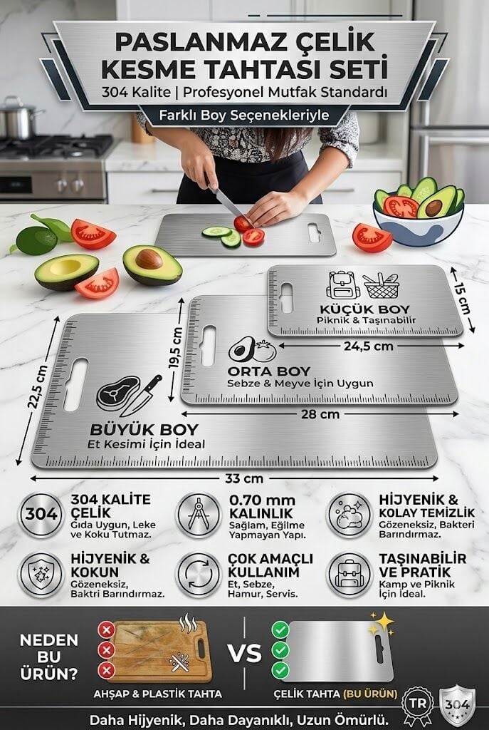 304 Kalite Paslanmaz Çelik Kesim Tahtası Seti 3’lü (33x22.5 / 28x19.5 / 24.5x15 cm)