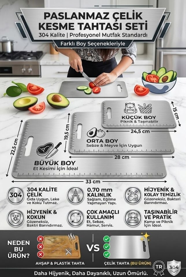 304 Kalite Paslanmaz Çelik Kesim Tahtası Seti 3’lü (33x22.5 / 28x19.5 / 24.5x15 cm)