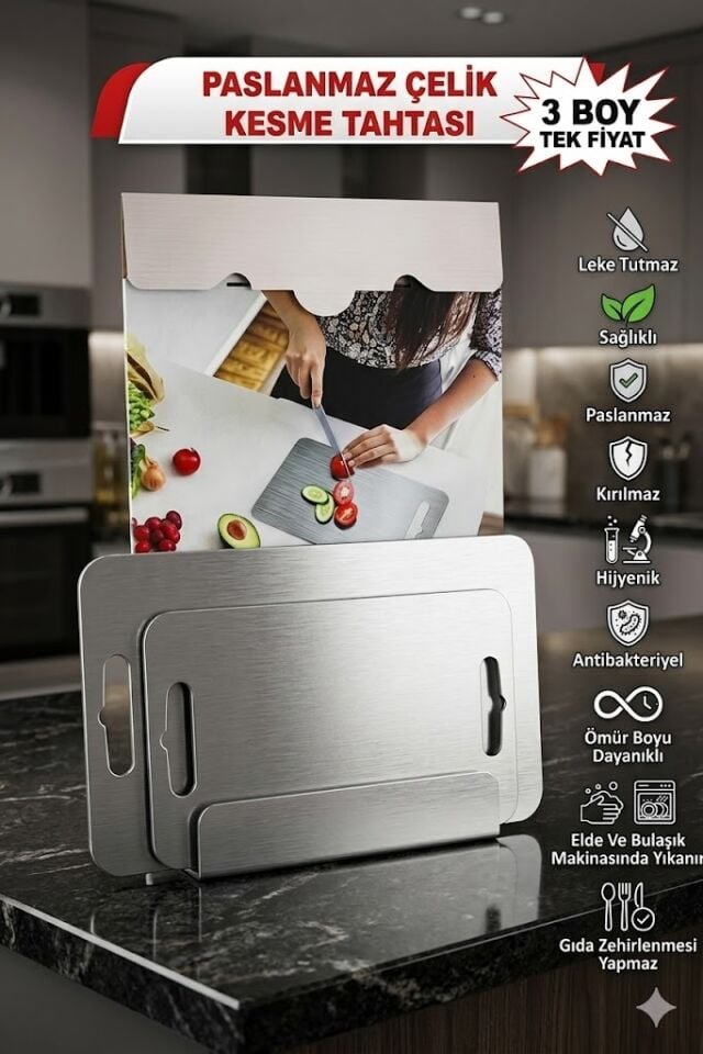 304 Kalite Paslanmaz Çelik Kesim Tahtası Seti 3’lü (33x22.5 / 28x19.5 / 24.5x15 cm)