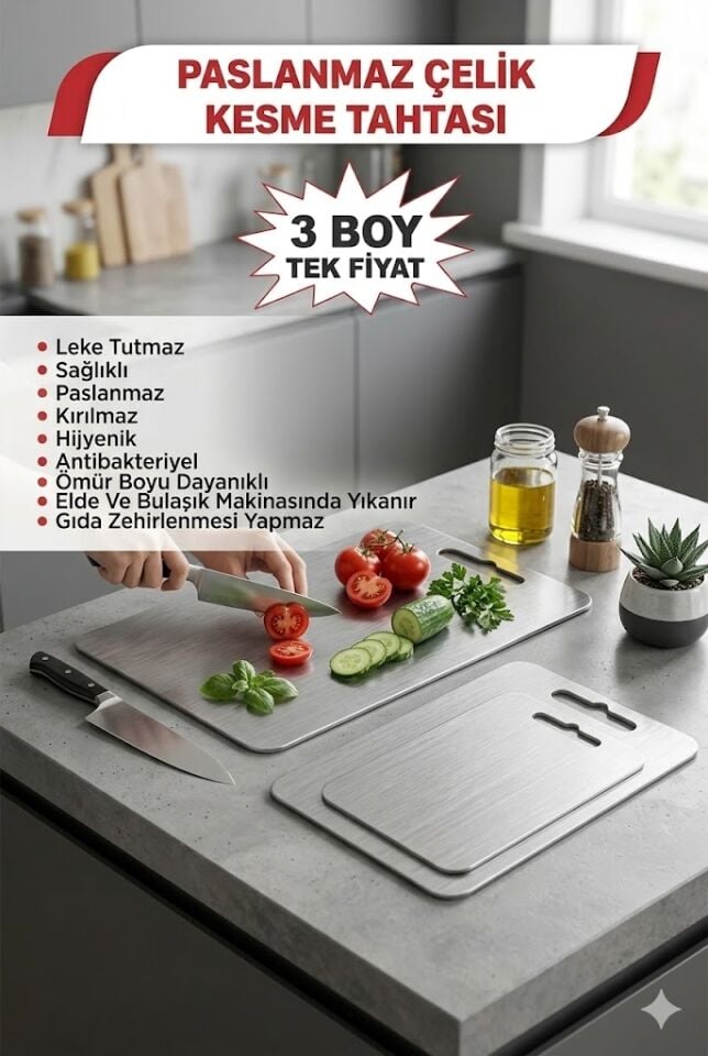 304 Kalite Paslanmaz Çelik Kesim Tahtası Seti 3’lü (33x22.5 / 28x19.5 / 24.5x15 cm)