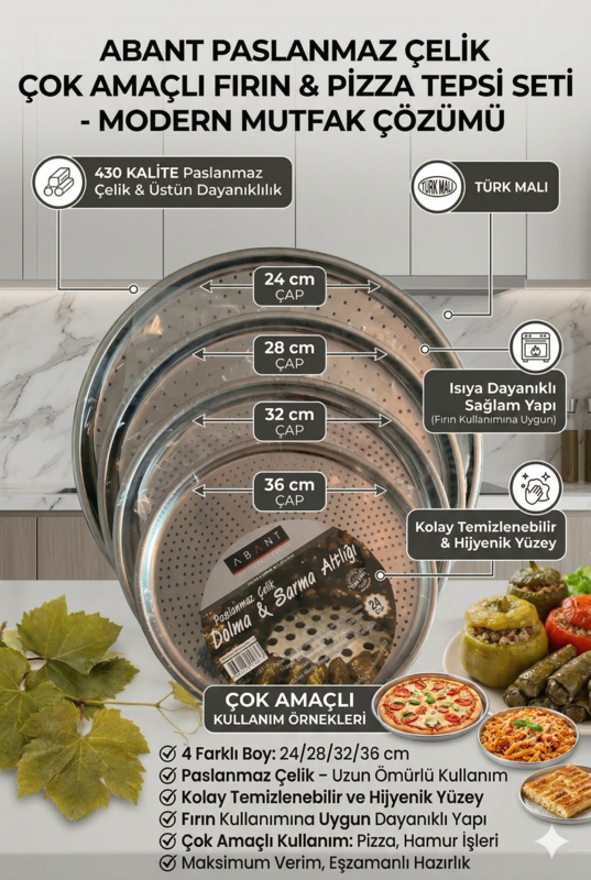 Paslanmaz Çelik 4 Lü Set Pizza Tepsisi 24-28-32-36 Cm Fırın Tepsisi Seti