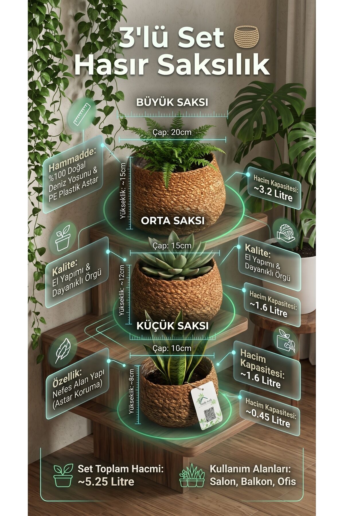 3'lü Hasır Saksı Seti %100 Doğal Astarlı El Yapımı Dekoratif Saksılık