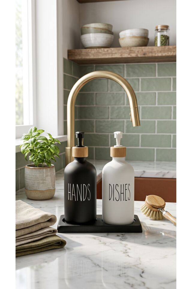 Modern Mutfak Organizasyon Seti - 2'li Metal Stantlı Mat Cam Sıvı Sabunluk ve Bulaşık Deterjanlık 300ml