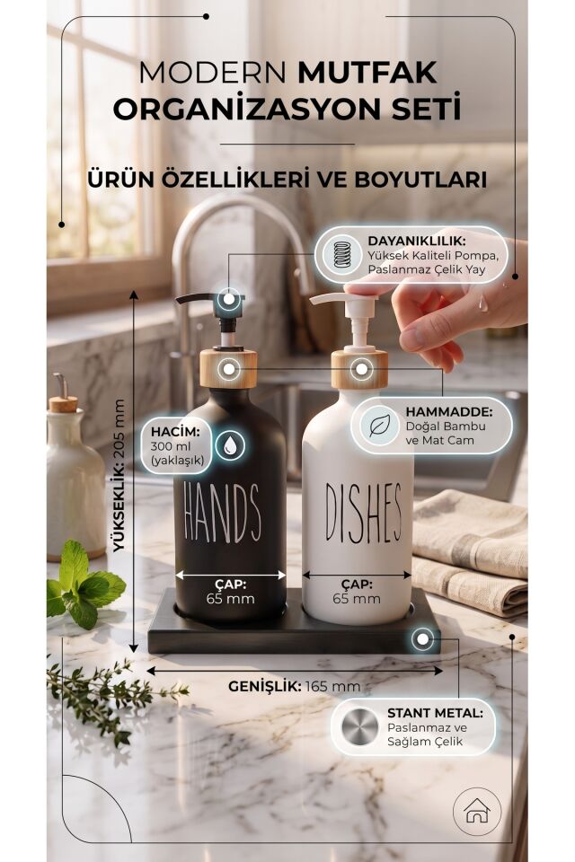 Modern Mutfak Organizasyon Seti - 2'li Metal Stantlı Mat Cam Sıvı Sabunluk ve Bulaşık Deterjanlık 300ml