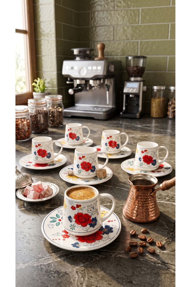 Modern Çiçek Desenli Porselen Türk Kahvesi ve Espresso Fincan Takımı 6 Kişilik 12 Parça 100 cc