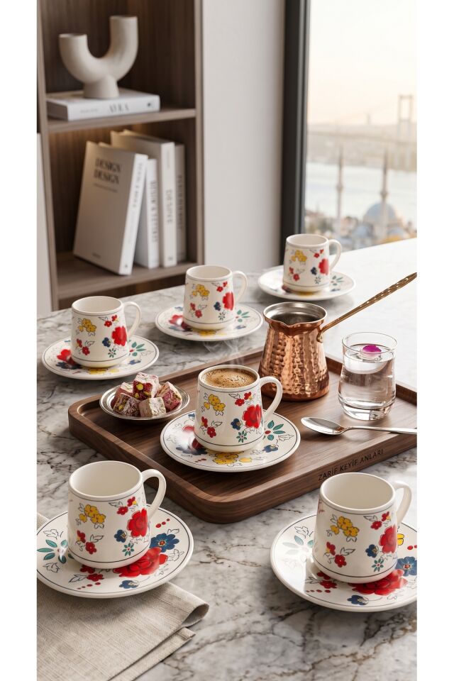 Modern Çiçek Desenli Porselen Türk Kahvesi ve Espresso Fincan Takımı 6 Kişilik 12 Parça 100 cc