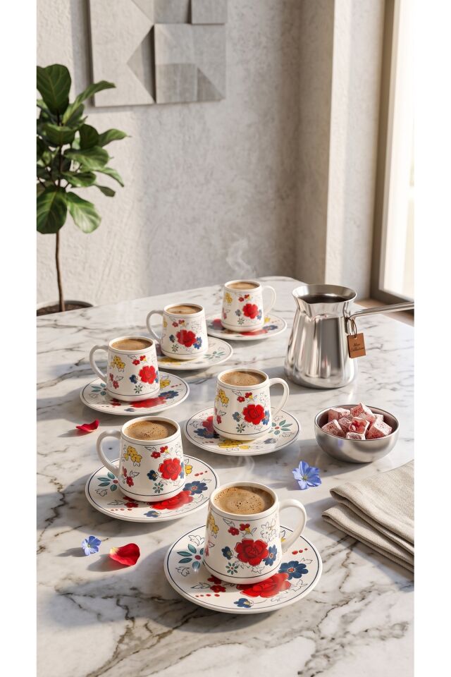 Modern Çiçek Desenli Porselen Türk Kahvesi ve Espresso Fincan Takımı 6 Kişilik 12 Parça 100 cc