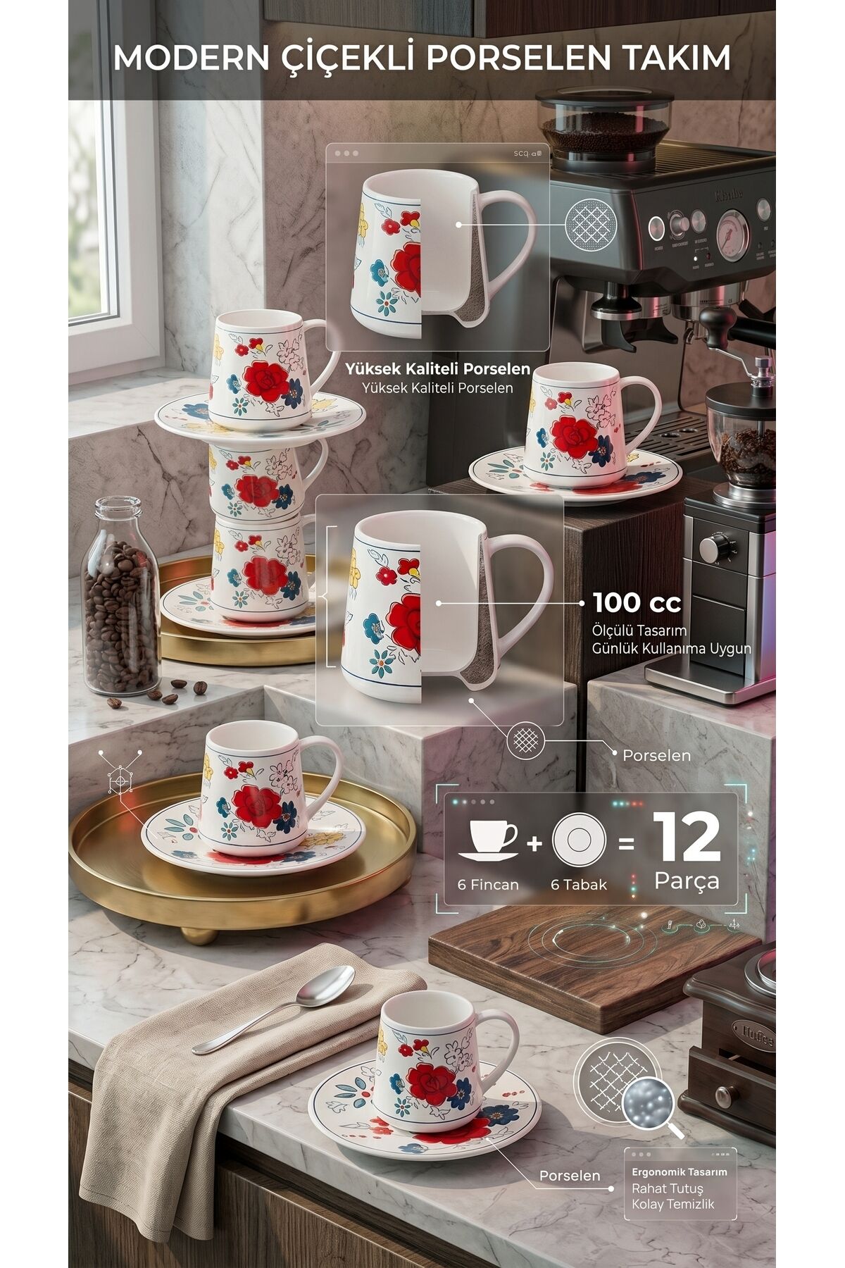 Modern Çiçek Desenli Porselen Türk Kahvesi ve Espresso Fincan Takımı 6 Kişilik 12 Parça 100 cc