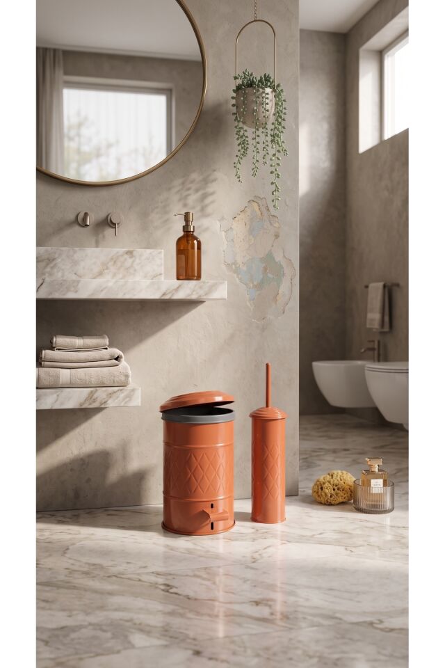 Terracota Galvaniz Banyo Seti 2'li 5 Litre Pedallı Çöp Kovası ve Tuvalet Fırçası Takımı