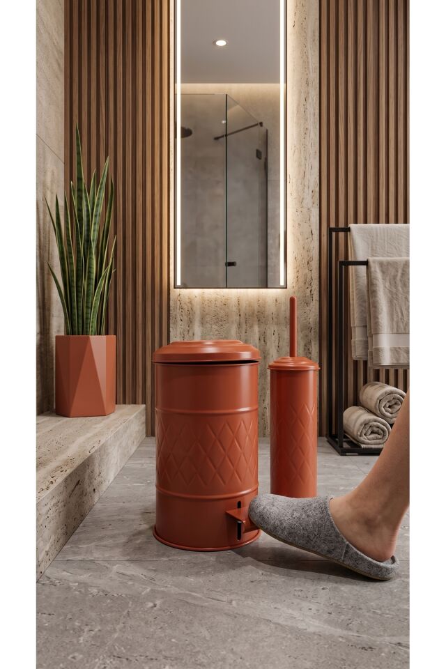 Terracota Galvaniz Banyo Seti 2'li 5 Litre Pedallı Çöp Kovası ve Tuvalet Fırçası Takımı