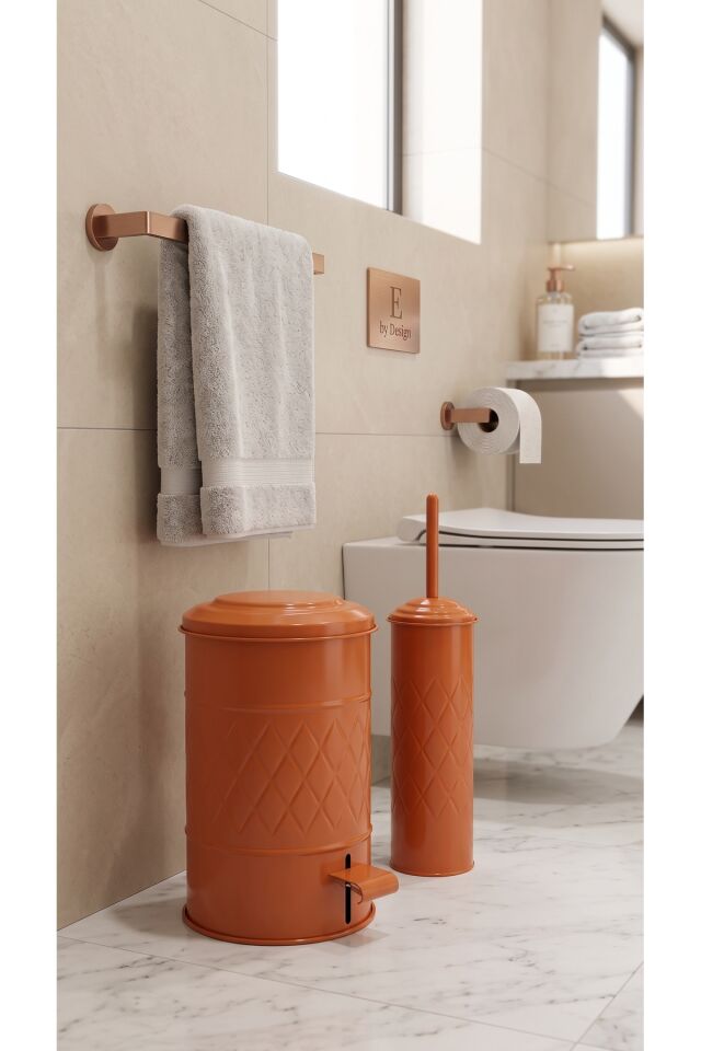 Terracota Galvaniz Banyo Seti 2'li 5 Litre Pedallı Çöp Kovası ve Tuvalet Fırçası Takımı