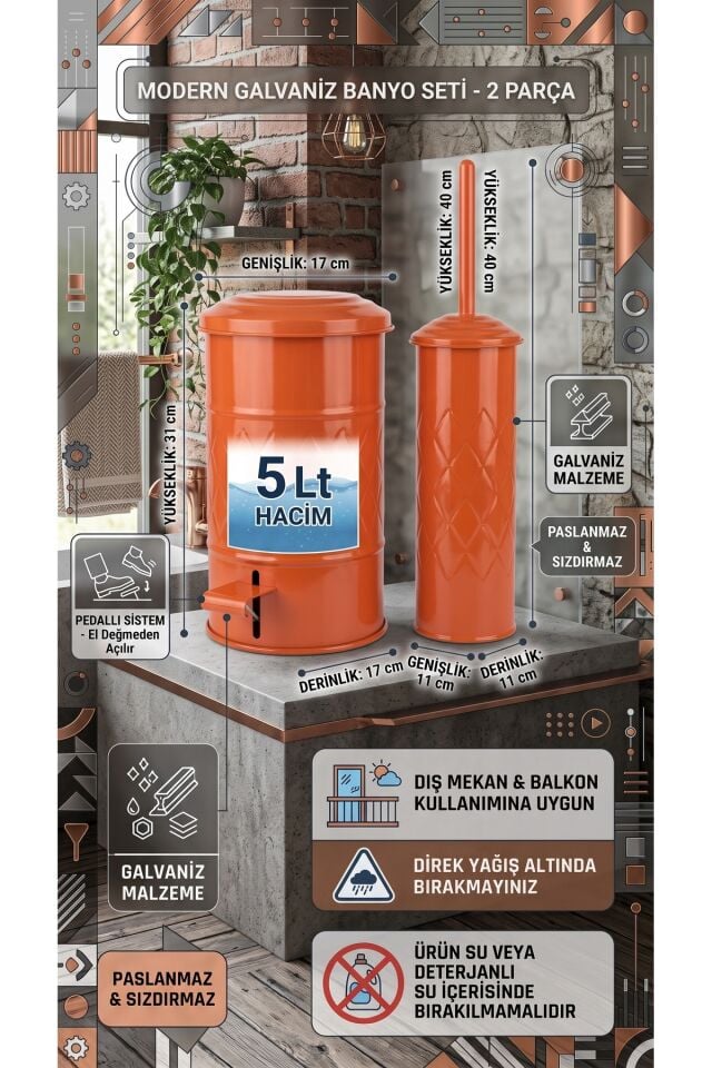 Terracota Galvaniz Banyo Seti 2'li 5 Litre Pedallı Çöp Kovası ve Tuvalet Fırçası Takımı