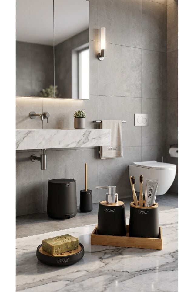 6 Parça Mat Siyah Akrilik Banyo Seti Ahşap Bambu Detaylı Çöp Kovası Sabunluk Tuvalet Fırçası Takımı