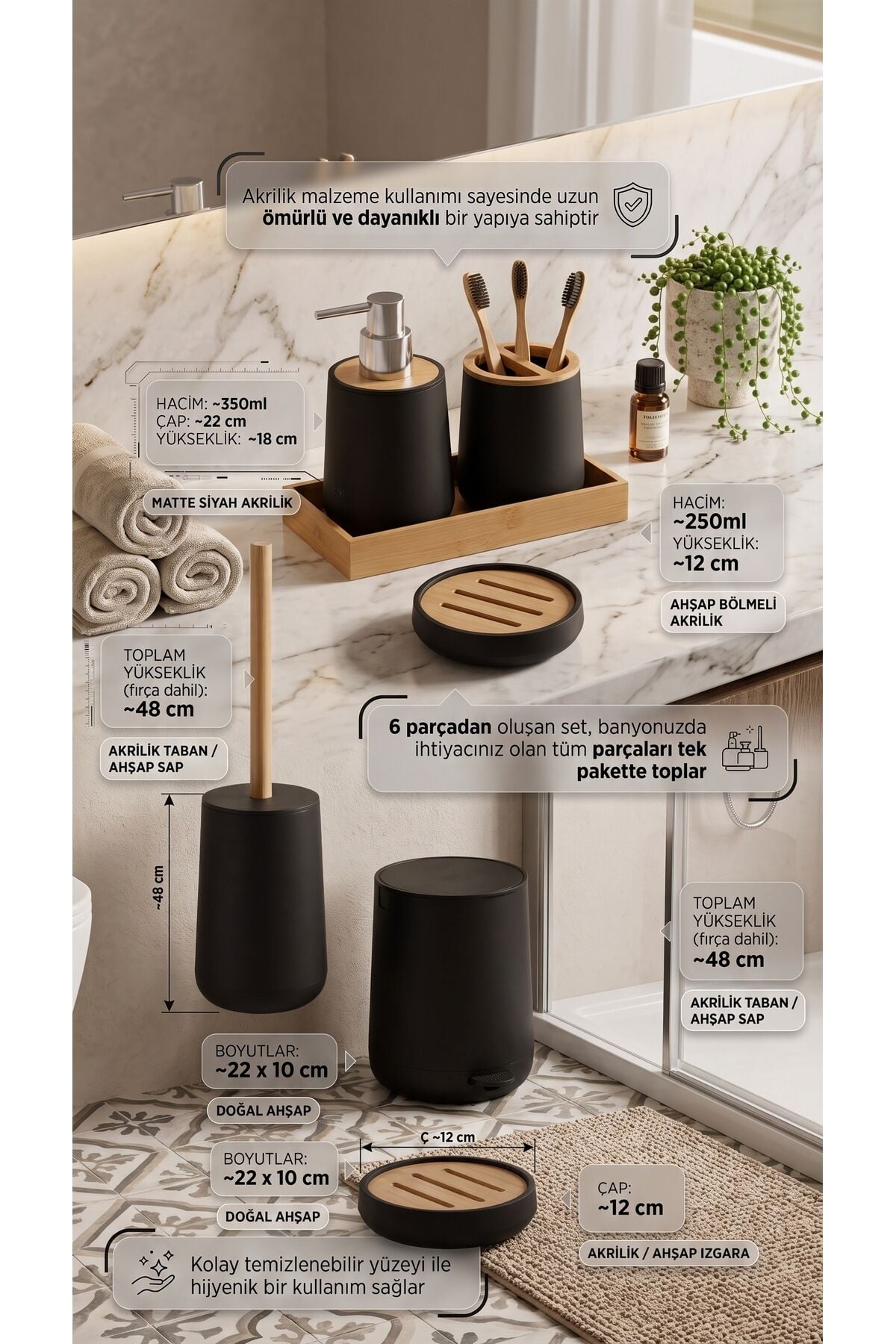 6 Parça Mat Siyah Akrilik Banyo Seti Ahşap Bambu Detaylı Çöp Kovası Sabunluk Tuvalet Fırçası Takımı