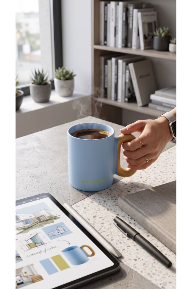 The Mia Makaron Porselen Kupa Mavi 330 ml Just Imagine Yazılı Kahve ve Çay Kupası Ergonomik Kulplu