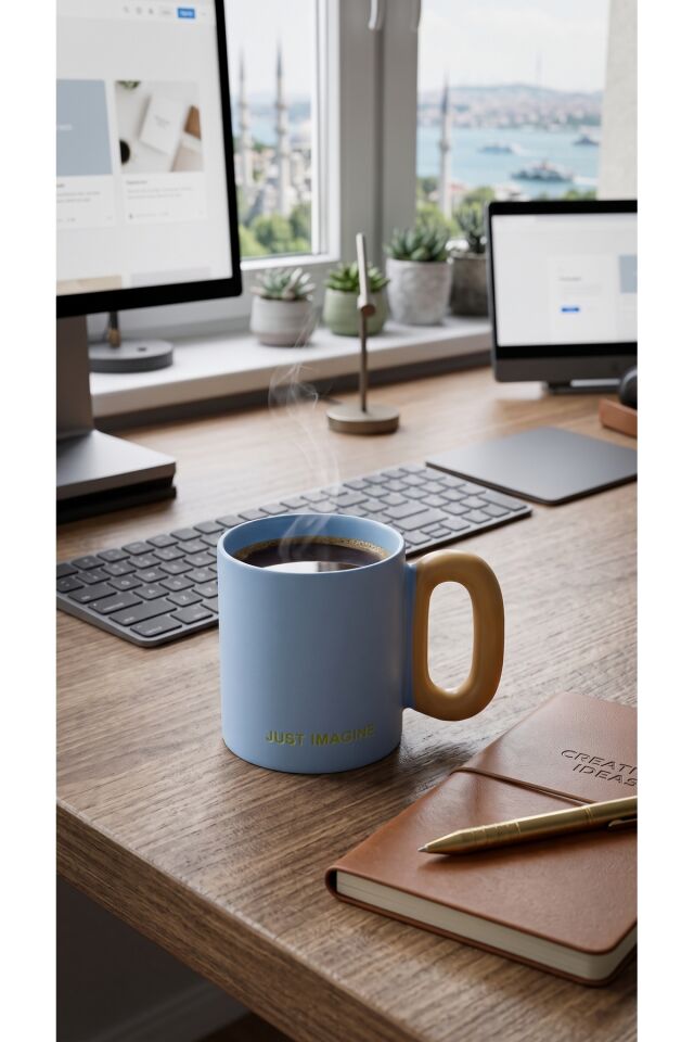 The Mia Makaron Porselen Kupa Mavi 330 ml Just Imagine Yazılı Kahve ve Çay Kupası Ergonomik Kulplu