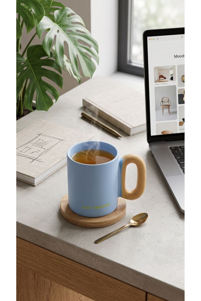The Mia Makaron Porselen Kupa Mavi 330 ml Just Imagine Yazılı Kahve ve Çay Kupası Ergonomik Kulplu