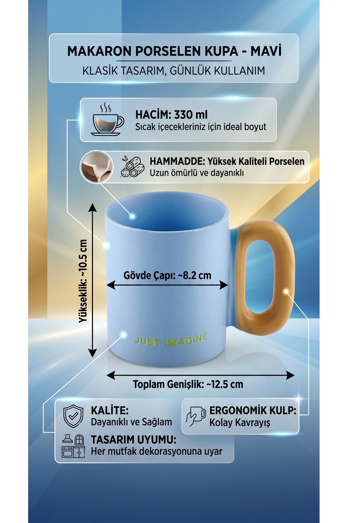 The Mia Makaron Porselen Kupa Mavi 330 ml Just Imagine Yazılı Kahve ve Çay Kupası Ergonomik Kulplu