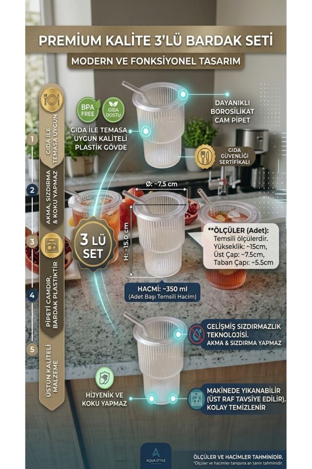 Aqua Style Premium 3'lü Pipetli Su ve Meşrubat Bardağı Seti - Borosilikat Cam Pipetli, Sızdırmaz Kapaklı Plastik Kupa (350 ml)