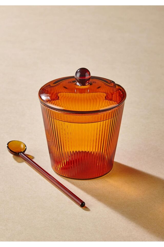 Çizgili Borosilikat Cam Kaşıklı Şekerlik - Isıya Dayanıklı Amber Kapaklı Şekerlik 330 ml