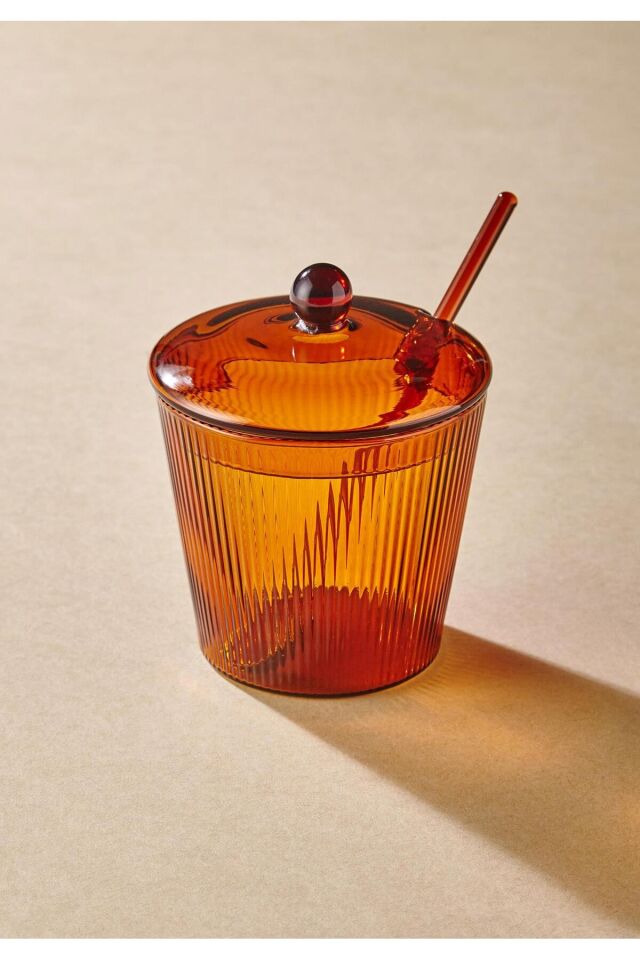 Çizgili Borosilikat Cam Kaşıklı Şekerlik - Isıya Dayanıklı Amber Kapaklı Şekerlik 330 ml