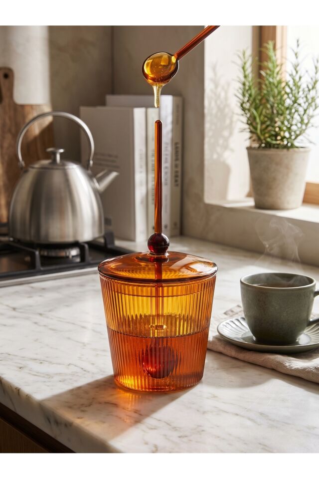 Çizgili Borosilikat Cam Kaşıklı Şekerlik - Isıya Dayanıklı Amber Kapaklı Şekerlik 330 ml