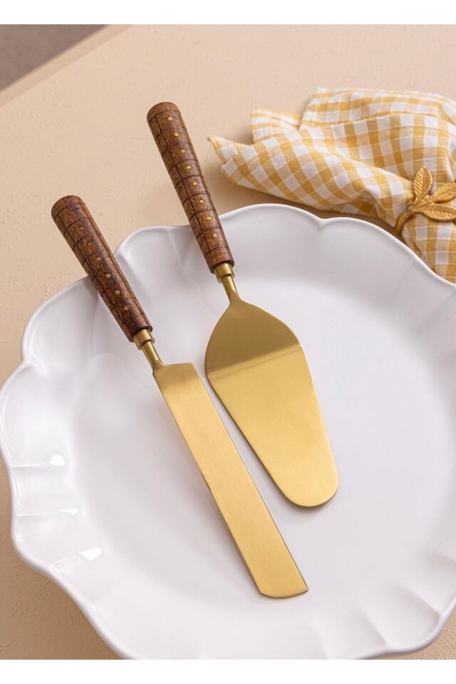 Lüks Gold Paslanmaz Çelik Gül Ağacı Saplı Pasta Servis Seti 2 Parça - Pirinç Perçinli Pasta Bıçağı ve Spatula Takımı
