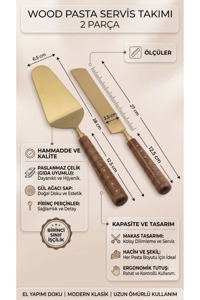Lüks Gold Paslanmaz Çelik Gül Ağacı Saplı Pasta Servis Seti 2 Parça - Pirinç Perçinli Pasta Bıçağı ve Spatula Takımı