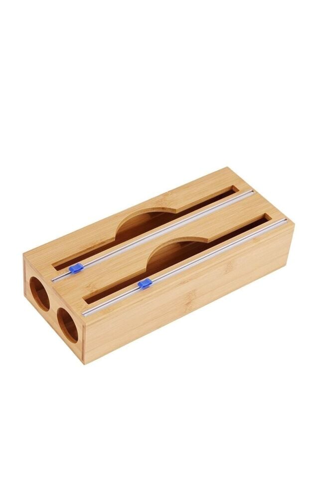 Doğal Bambu Streç Film ve Alüminyum Folyo Kesici Mutfak Düzenleyici Organizer 17,5x9,5x10 cm