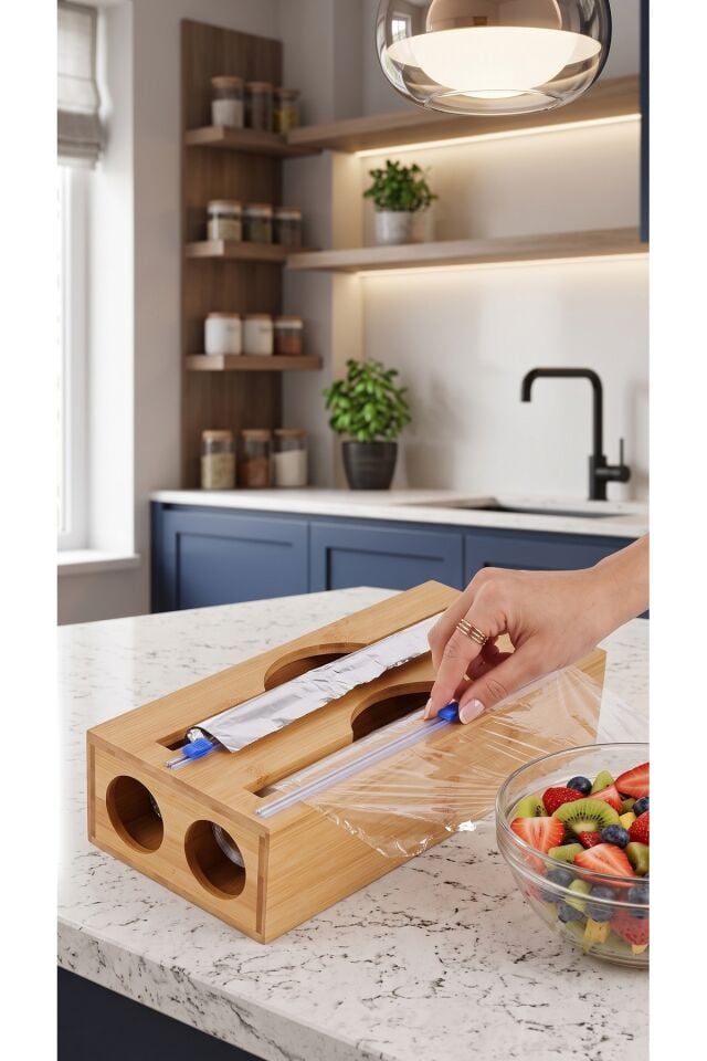 Doğal Bambu Streç Film ve Alüminyum Folyo Kesici Mutfak Düzenleyici Organizer 17,5x9,5x10 cm