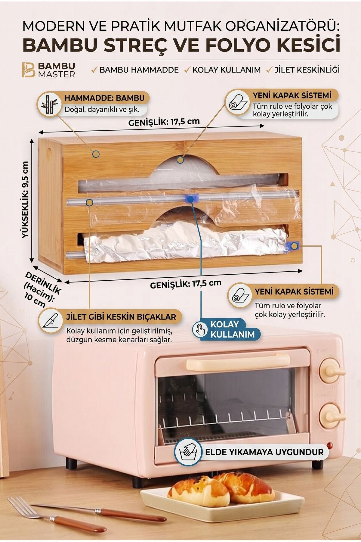 Doğal Bambu Streç Film ve Alüminyum Folyo Kesici Mutfak Düzenleyici Organizer 17,5x9,5x10 cm