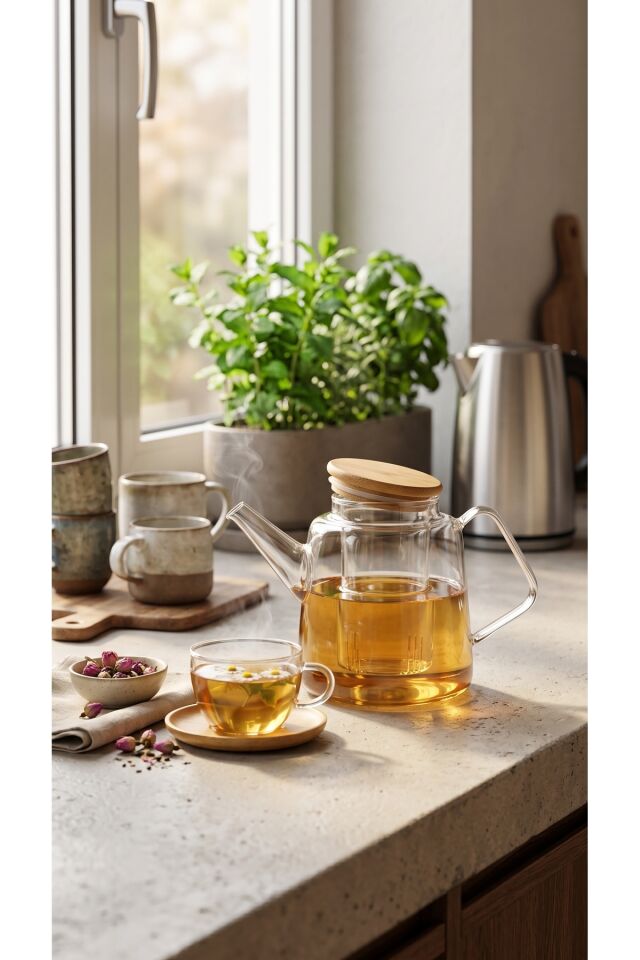 Bambu Kapaklı Borosilikat Cam Demlik 800 ml - Cam Süzgeçli Isıya Dayanıklı Bitki Çayı Demliği