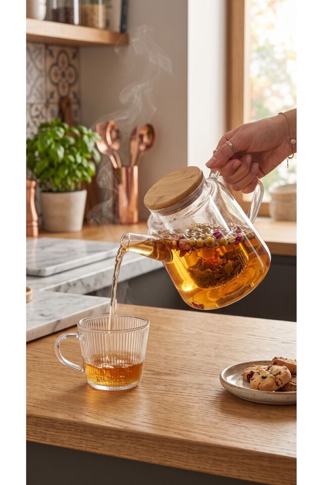 Bambu Kapaklı Borosilikat Cam Demlik 800 ml - Cam Süzgeçli Isıya Dayanıklı Bitki Çayı Demliği