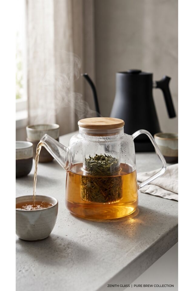 Bambu Kapaklı Borosilikat Cam Demlik 800 ml - Cam Süzgeçli Isıya Dayanıklı Bitki Çayı Demliği