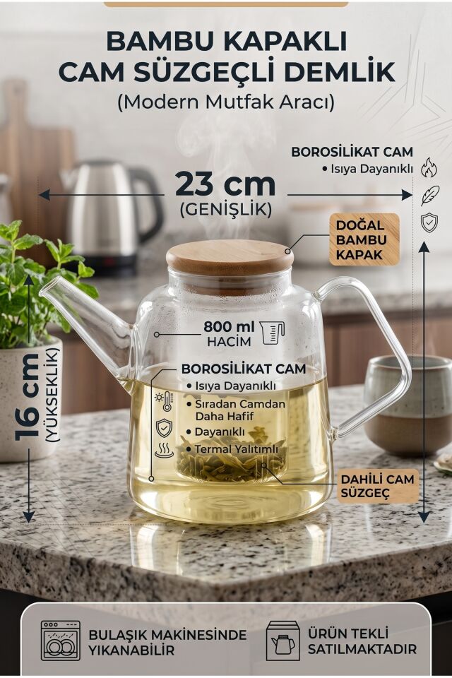 Bambu Kapaklı Borosilikat Cam Demlik 800 ml - Cam Süzgeçli Isıya Dayanıklı Bitki Çayı Demliği