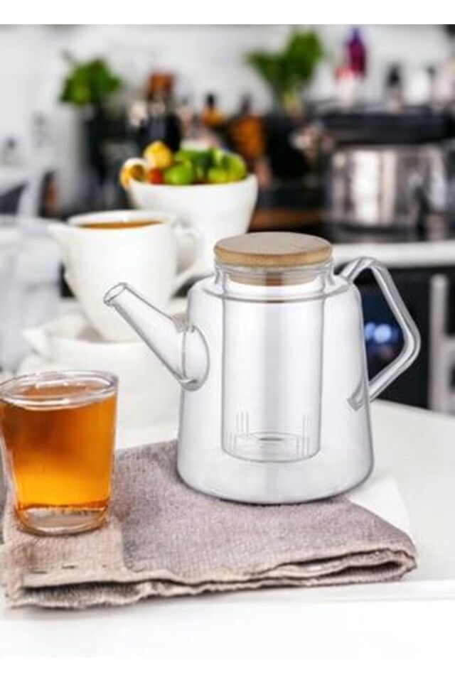Bambu Kapaklı Borosilikat Cam Demlik 800 ml - Cam Süzgeçli Isıya Dayanıklı Bitki Çayı Demliği