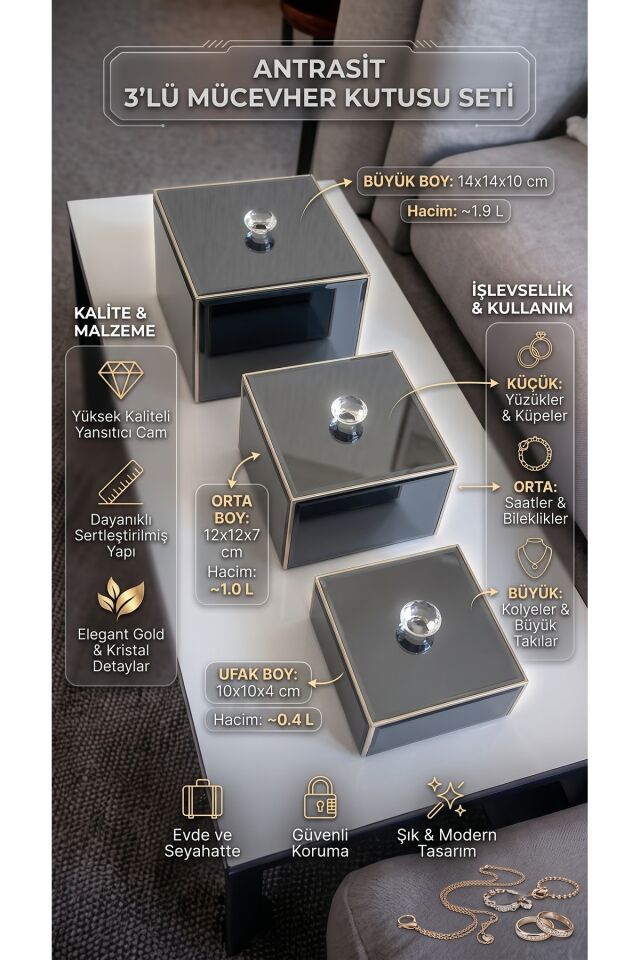 Premium 3'lü Aynalı Cam Mücevher ve Takı Kutusu Seti - Kristal Kulplu Düzenleyici