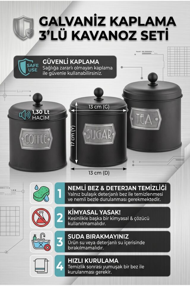 Galvaniz Kaplama 3'lü Çay Kahve Şeker Kavanoz Seti