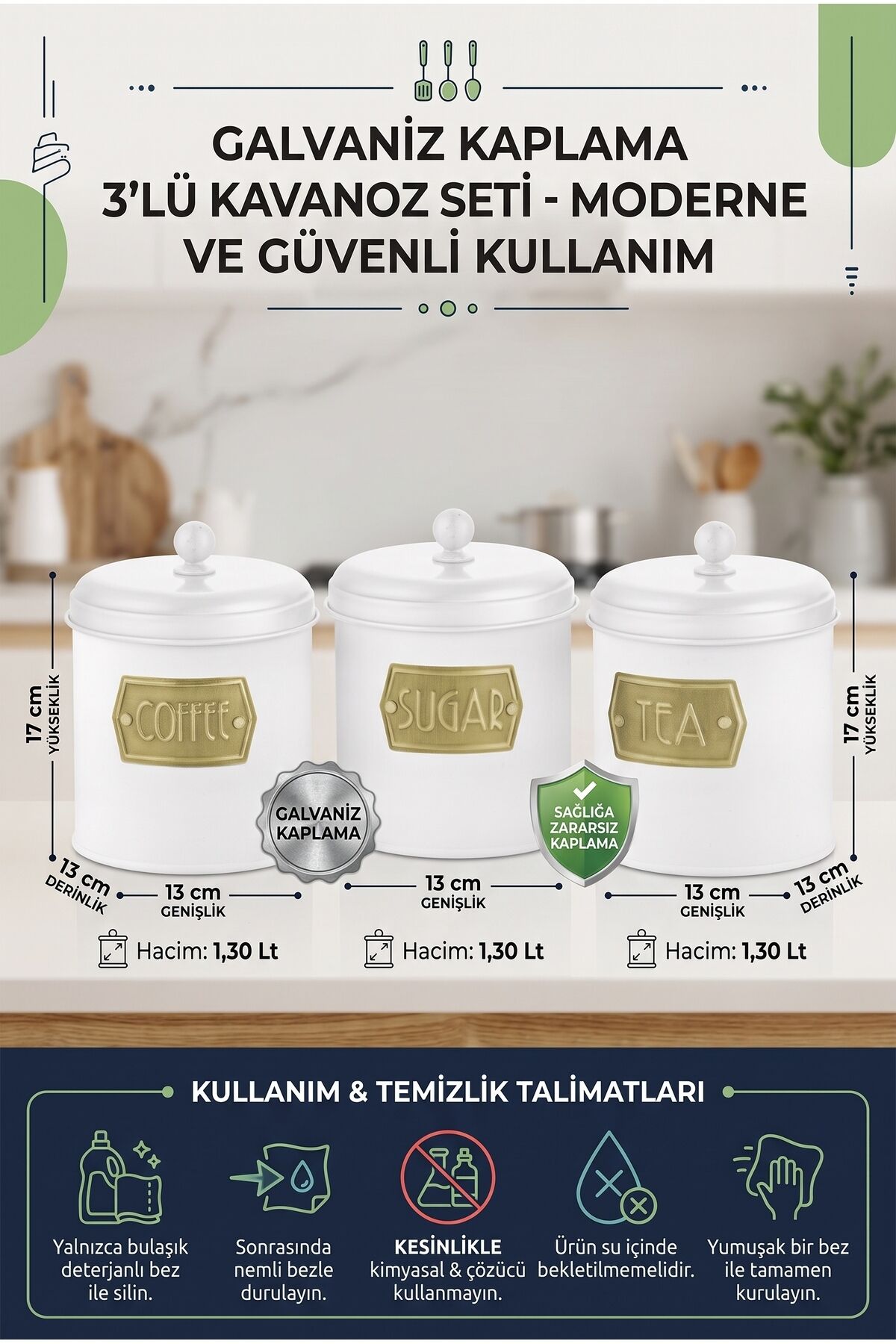 Galvaniz Kaplama 3'lü Çay Kahve Şeker Kavanoz Seti
