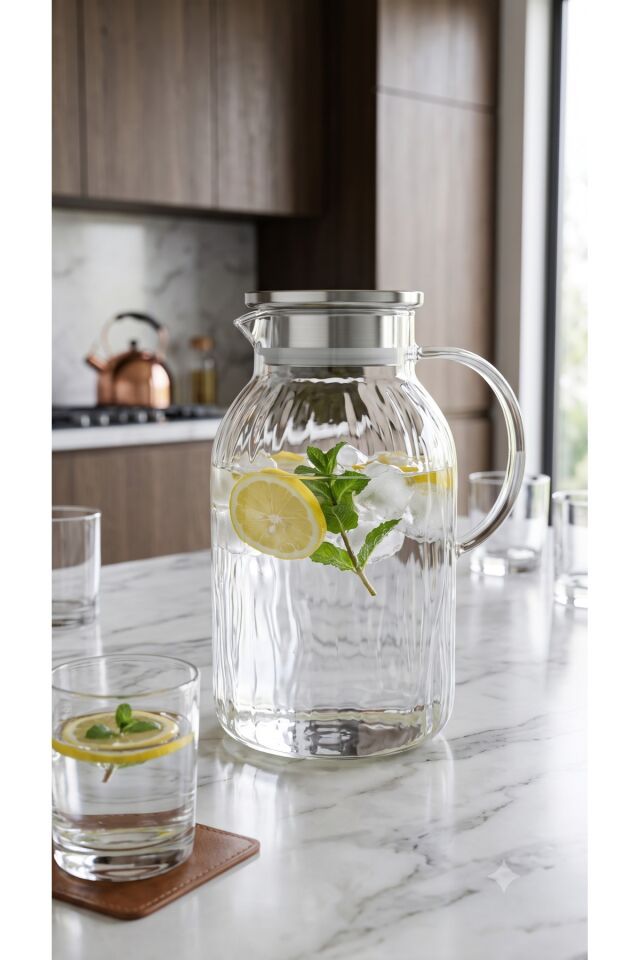 Isıya Dayanıklı Modern Borosilikat Cam Sürahi 2 Litre Paslanmaz Çelik Kapaklı Su Sürahisi