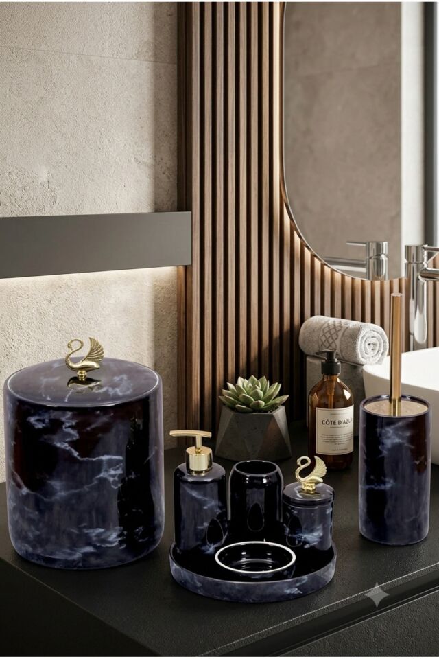 Siyah Mermer Görünümlü Porselen Banyo Takımı 7 Parça - Altın Kuğu Kapaklı Pamukluk, Sıvı Sabunluk & Fırçalık Seti